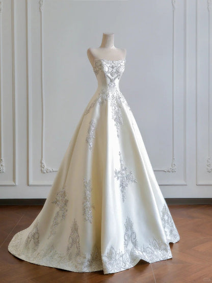 Girlhomeshops--White exquisite beaded long satin prom wedding dress gh5482