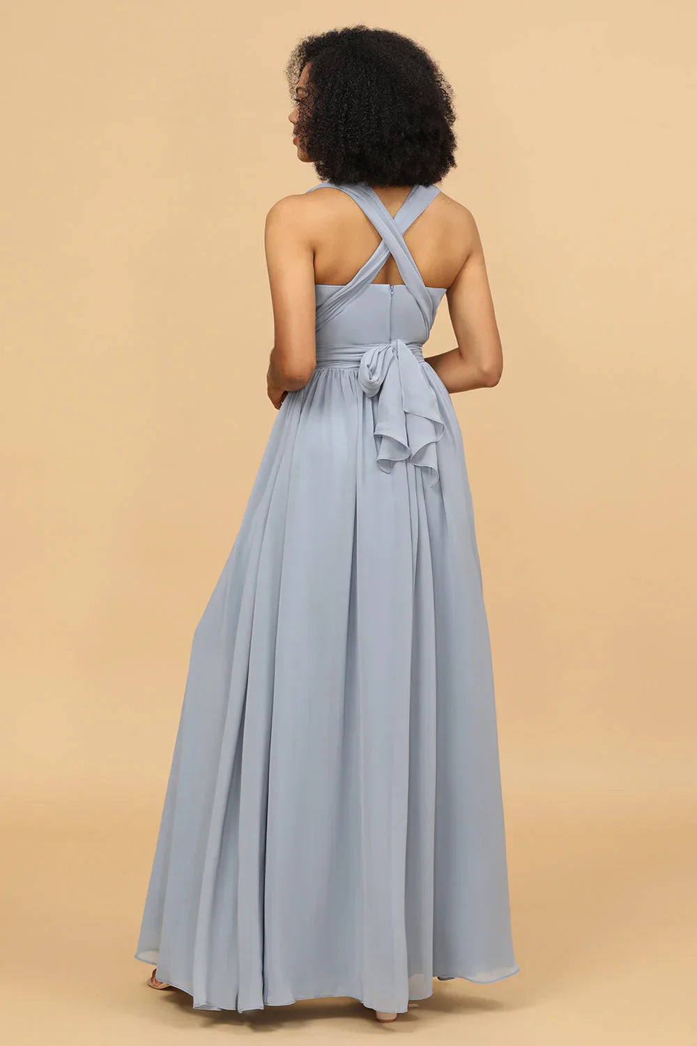 Grey blue A Line long chiffon bridesmaid dress with multiple dressing styles
