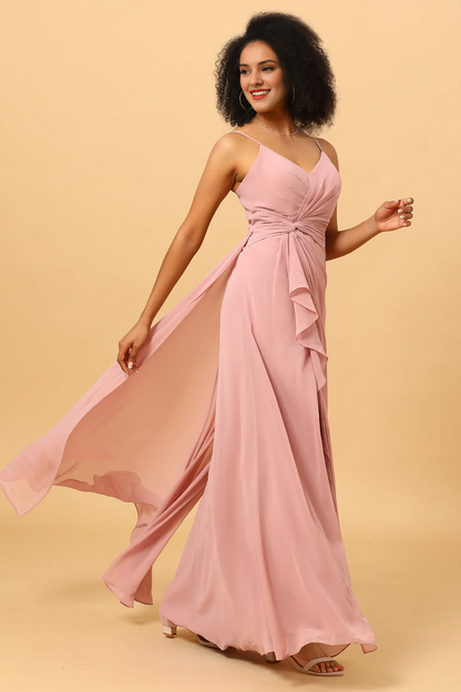 Pink A-line neck V-neck chiffon ruffle hem slit long bridesmaid dress
