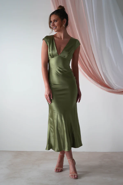 V-neck short sleeved satin long Prom dress - Jimiss Dress