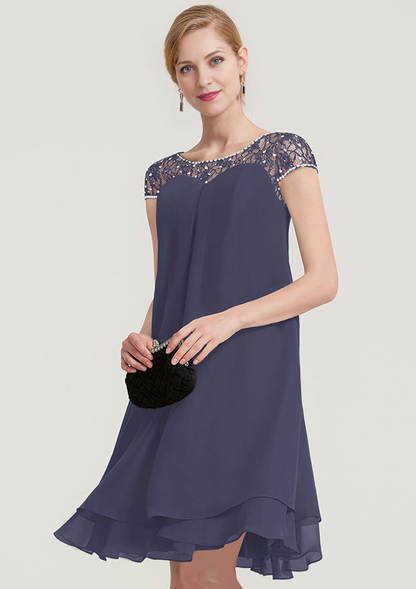 A-linePrincess Bateau Short Sleeve Knee-Length Chiffon Mother of the Bride Dress With Beading Ruffles Short
