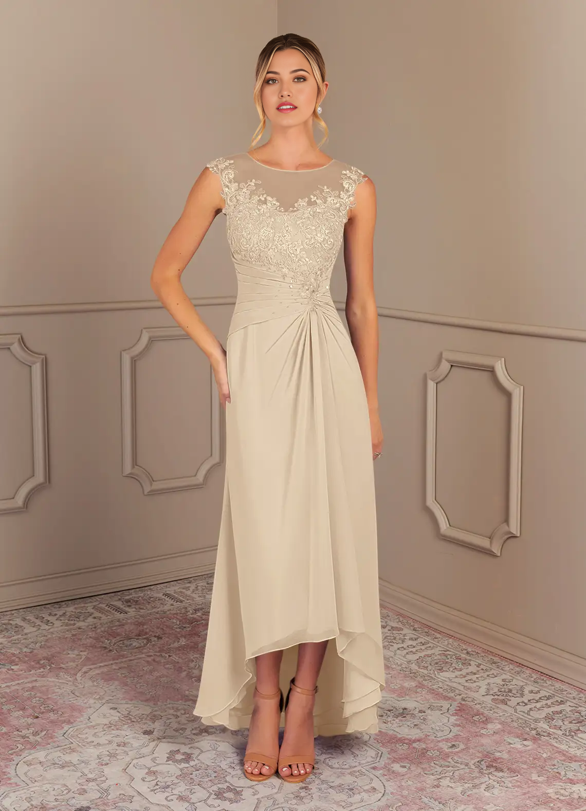 A-Line Scoop Lace Chiffon Champagne formal dresses evening gown Mother of the Bride Dresses