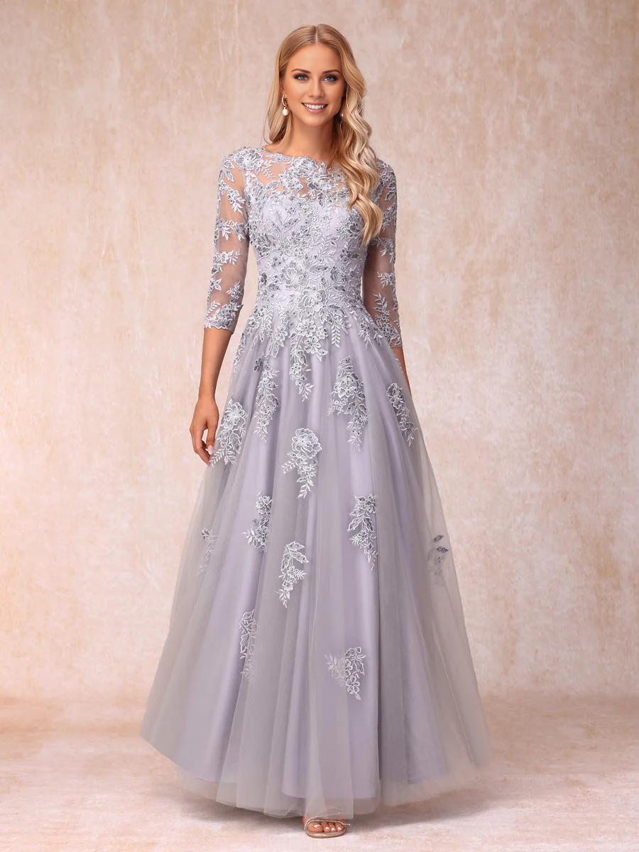 A-line princess transparent collar half sleeve long style adorned with bead and decal mother of the bride dress