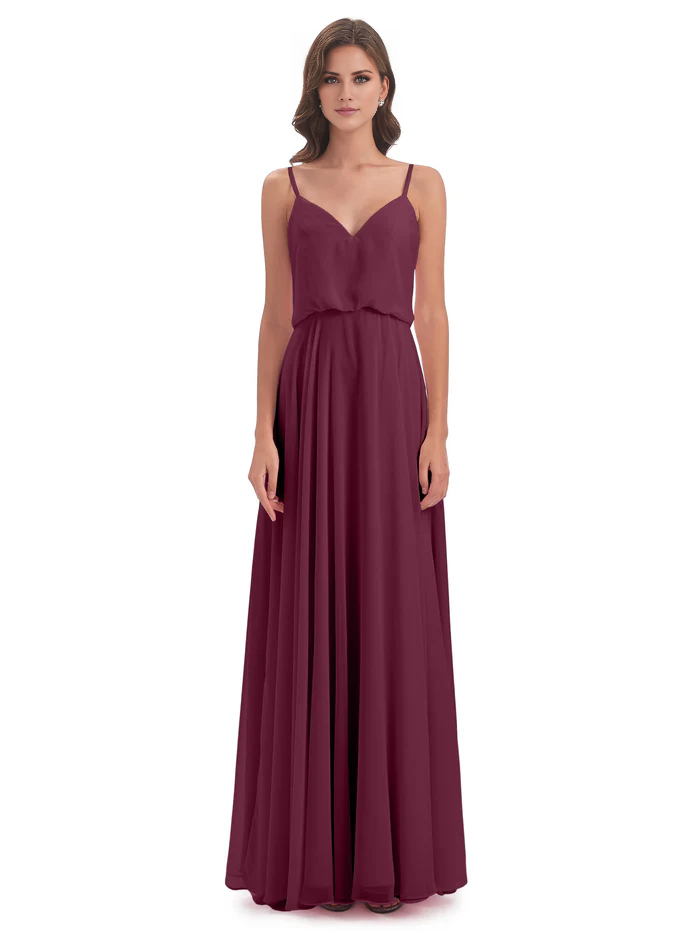 Simple slim shoulder chiffon and floor length bridesmaid dress