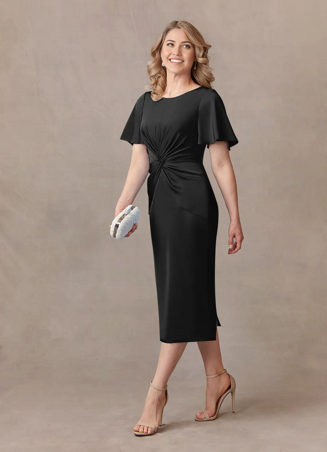 Sheath Crew Neck Pleated Tea Length Satin Black formal dresses evening dress Mother of the Bride Dresses