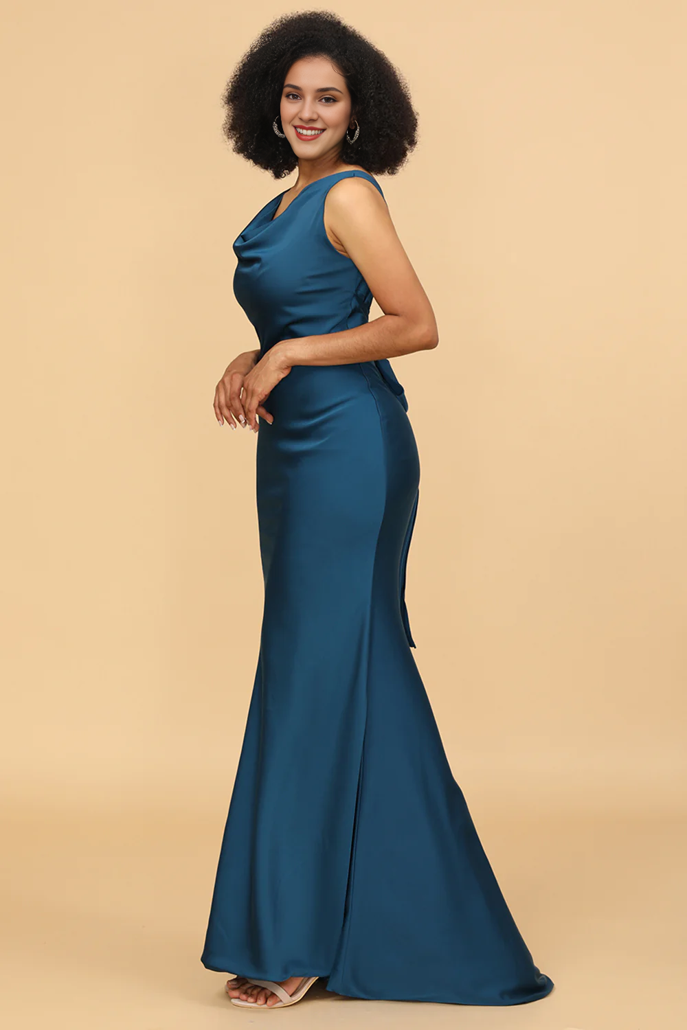 Ink blue fishtail collar long satin bridesmaid dress