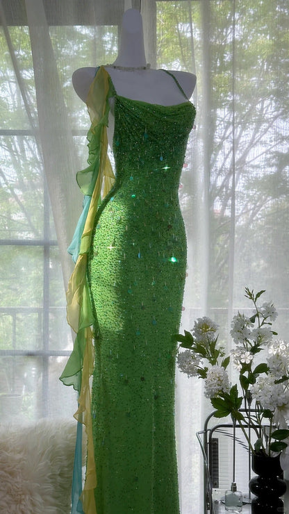Green Beautiful Charming Fashion Elegant Sparkling Exquisite Sequin Beaded Long Chiffon Ball Gown Evening Gown Birthday Party Gown Prom Gown Graduation Gown gh3946