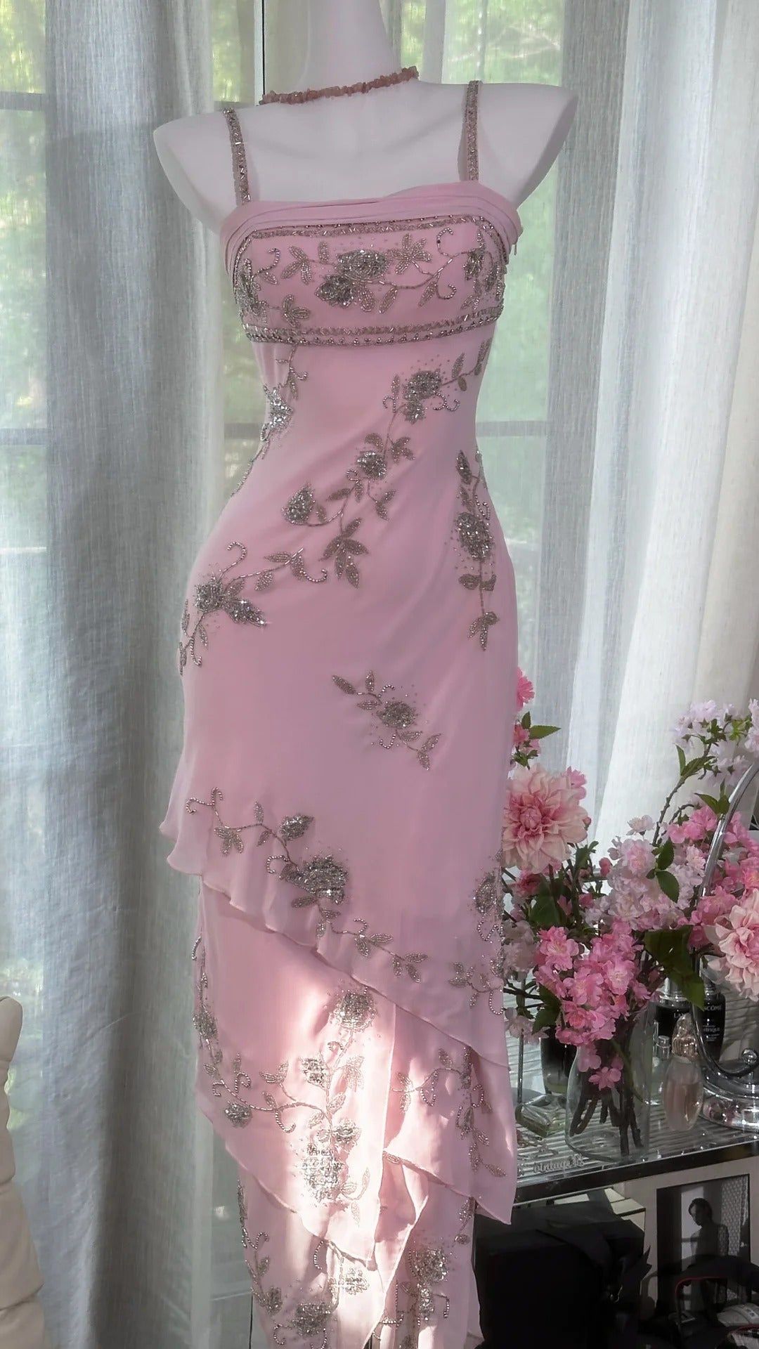 Pink Floral Beading Elegant Long Chiffon Ball Gown Evening Dress Party Dress gh4750