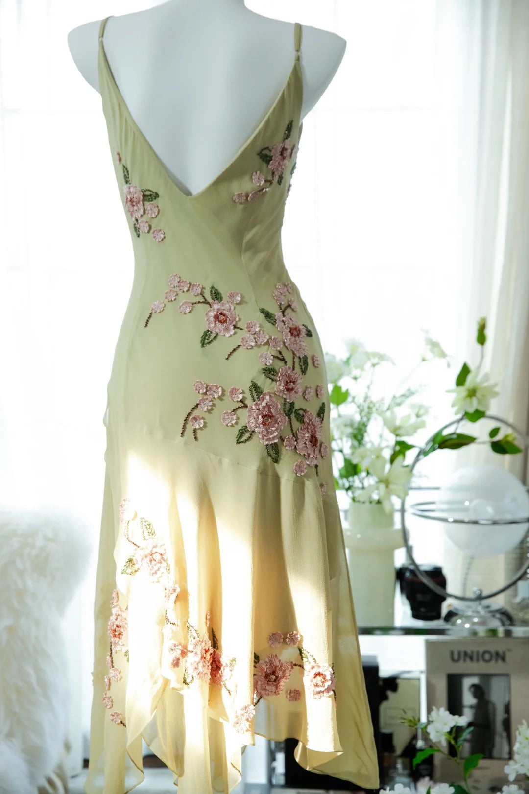 Yellow Elegant Romantic Delicate Pink Floral Beading Spaghetti Straps Midi/Short Chiffon Homecoming Ball Gown Evening Dress Birthday/Wedding Guest/Holiday Party Dress Prom Dress gh4023