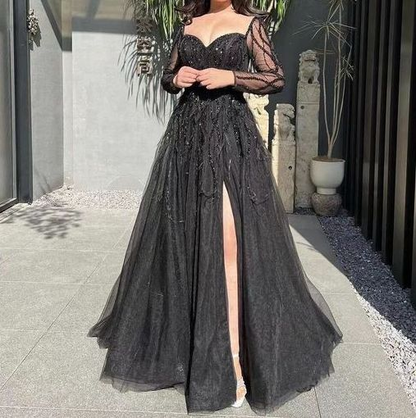 Luxurious Blue Slit Long Party Dress Evening Dress With Feathers cc1731