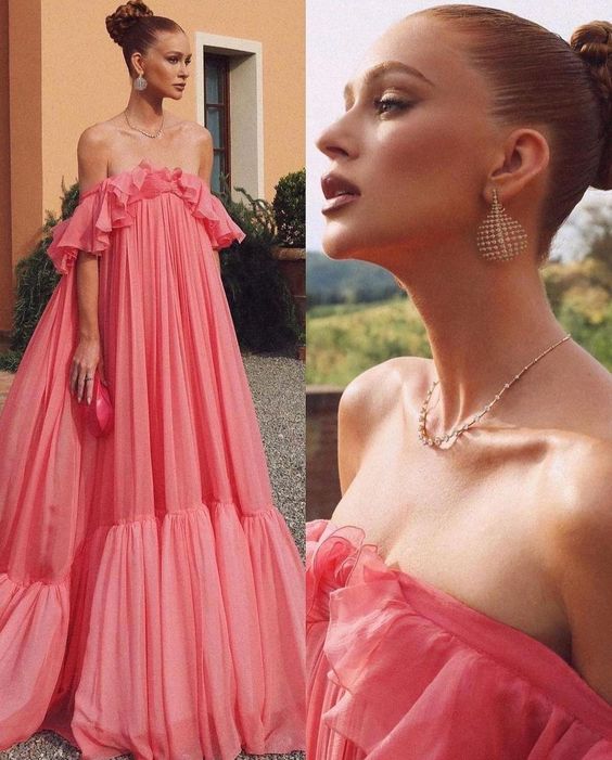 Vintage Pink Off-the-shoulder Prom Dress Long Pleated Evening Dress Formal Dress HZ1024