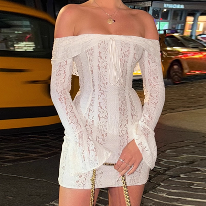 Vintage White Lace Off-the-shoulder Sheath Long-sleeved Short Summer Dresses Party Dress Homecoming Dress HZ1024