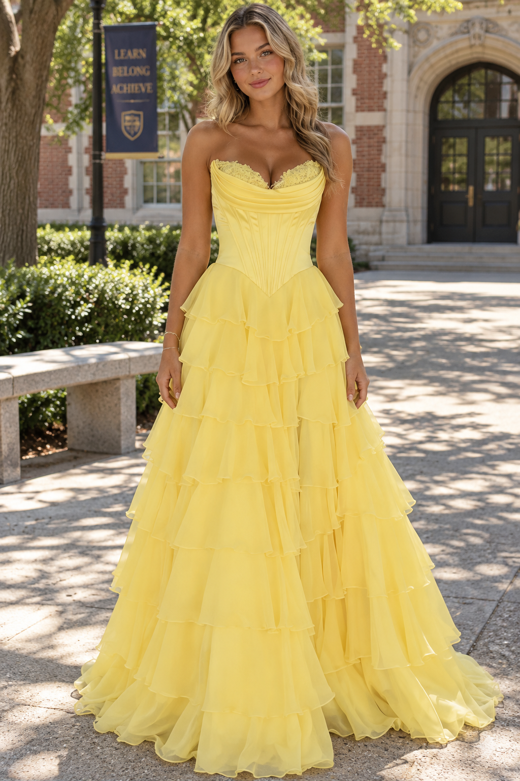 A-Line Strapless V-Neck Tiered Empire-Waist Long Prom Dress