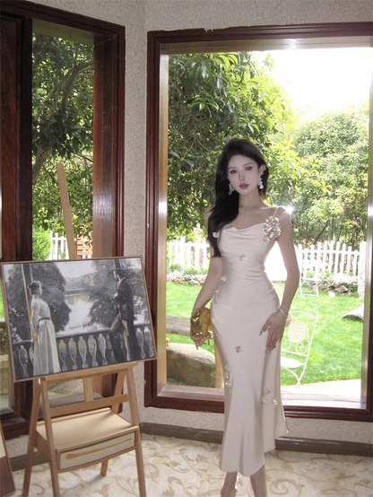 New Elegant Three-dimensional Floral Decoration Slim Mermaid Spaghetti Strap Dress HZ1024