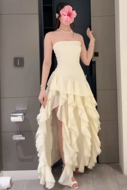 Black Strapless Sleeveless Ruffles High Slit Formal Prom Party Dress