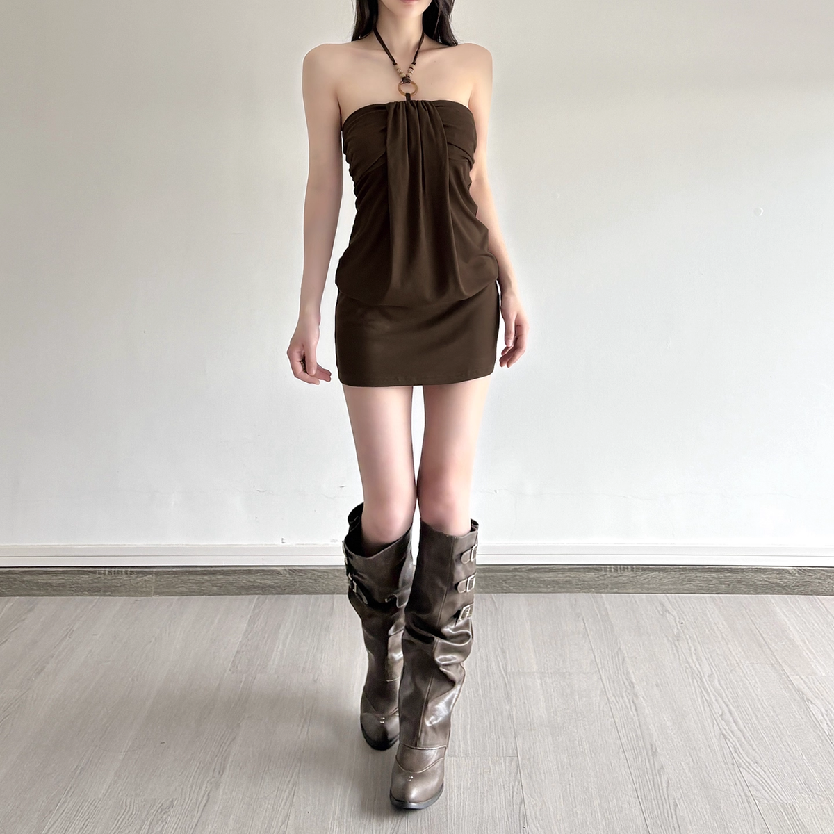 Cute Brown Halter-neck Sheath Short Summer Dresses Party Dress Homecoming Dress HZ1024