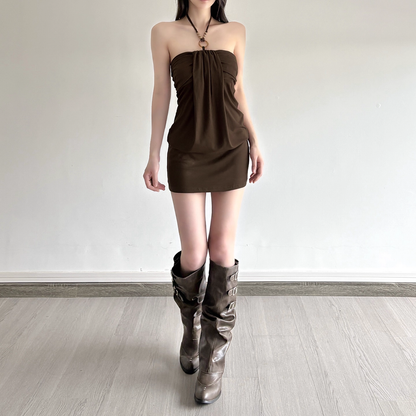 Cute Brown Halter-neck Sheath Short Summer Dresses Party Dress Homecoming Dress HZ1024