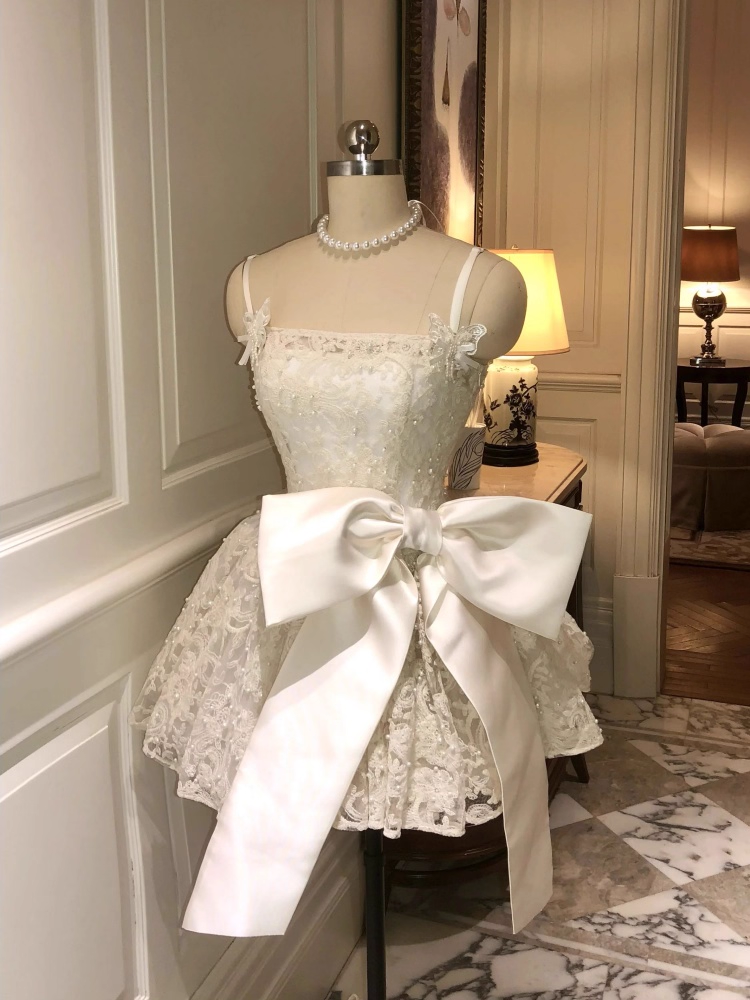 Vintage White Lace Bowknot Design Spaghetti Strap A-Line Homecoming Dress Party Dress Cocktail Dress HZ1024
