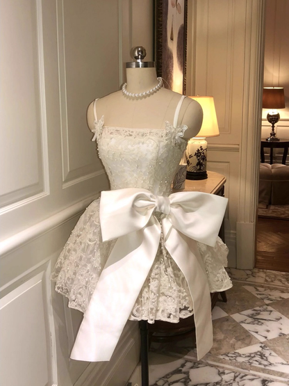 Vintage White Lace Bowknot Design Spaghetti Strap A-Line Homecoming Dress Party Dress Cocktail Dress HZ1024