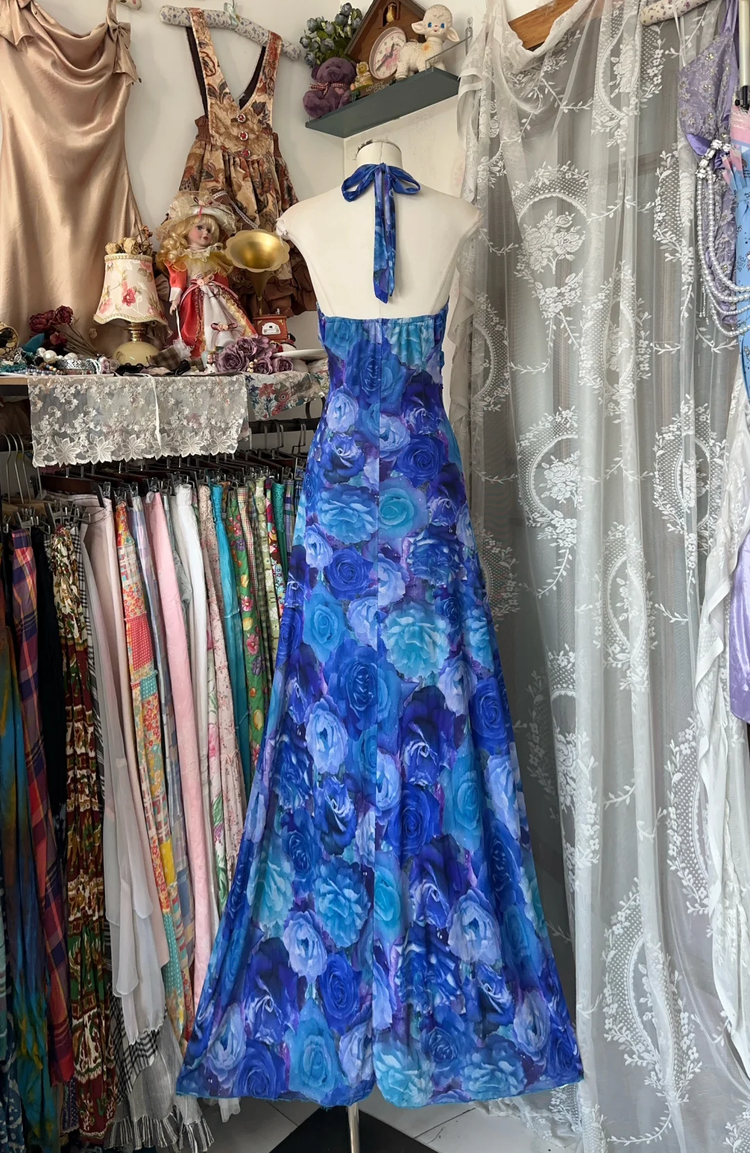 Vintage Navy Blue Floral V-neck Halter Dress Elegant A-Line Long Evening Dress Prom Dresses HZ1024