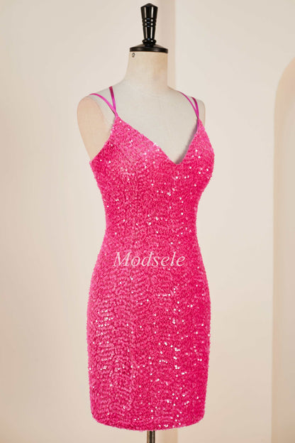 Hot Pink Sequin V-Neck Short Party Dress