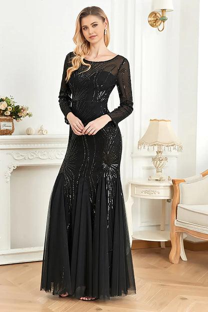 Mermaid Sequins Boat Neck Long Sleeves Mother of the Bride Dress