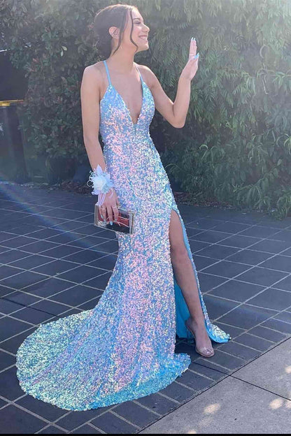 Iridescent Blue Sequin V-Neck Mermaid Long Formal Dress