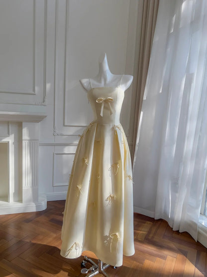 Sweet Light Yellow A-line Spaghetti Strap Bow Satin Long Prom Dress Evening Dress Bridesmaid Dress cc5279