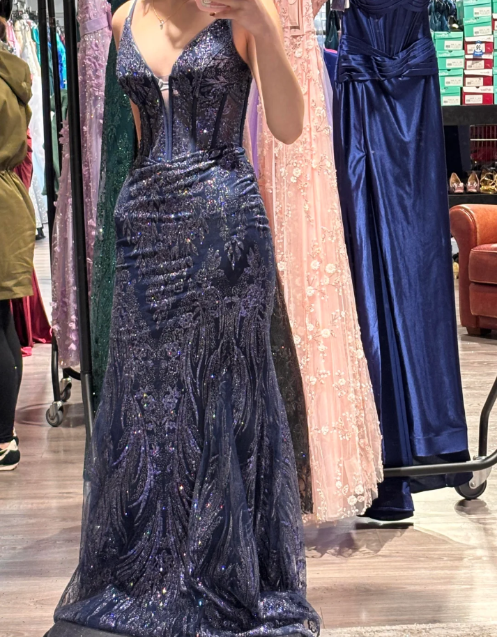 Stunning Prom Dress Navy Blue Spaghetti Straps Evening Dress Long Cocktail Outfits Gala Gown HZ0319