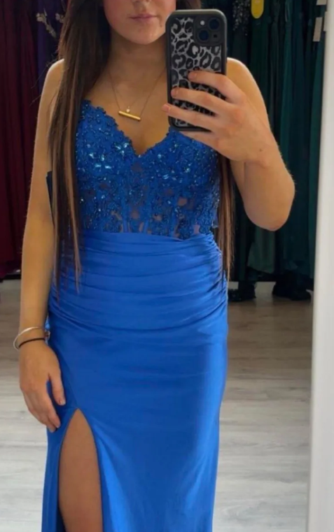 Fashion Prom Dress Blue Spaghetti Straps Slit Evening Dress Long Party Outfits Gala Gown HZ0319