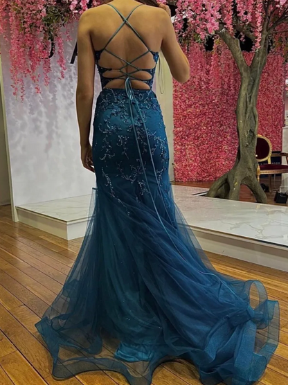 Pretty Prom Dress Spaghetti Straps Pleated Tulle Long Gala Gown Evening Dress Party Outfits HZ0319