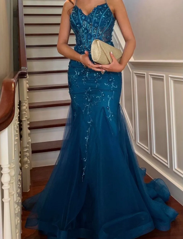 Pretty Prom Dress Spaghetti Straps Pleated Tulle Long Gala Gown Evening Dress Party Outfits HZ0319