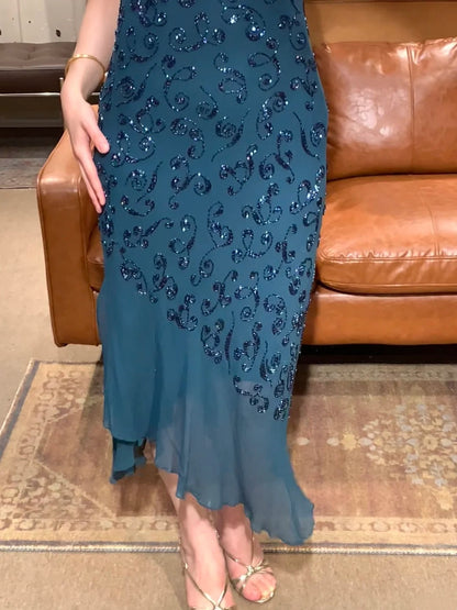 90s Retro Prom Dress Navy Blue Spaghetti Straps Beading Sheath Gala Gown Evening Dress Party Outfits HZ0319
