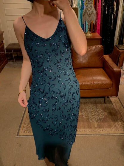 90s Retro Prom Dress Navy Blue Spaghetti Straps Beading Sheath Gala Gown Evening Dress Party Outfits HZ0319