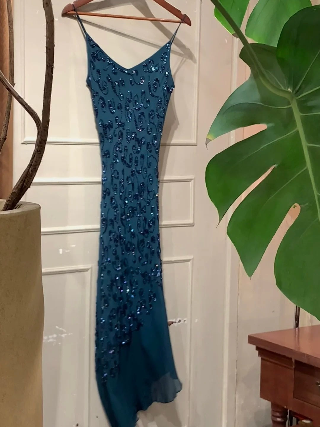 90s Retro Prom Dress Navy Blue Spaghetti Straps Beading Sheath Gala Gown Evening Dress Party Outfits HZ0319