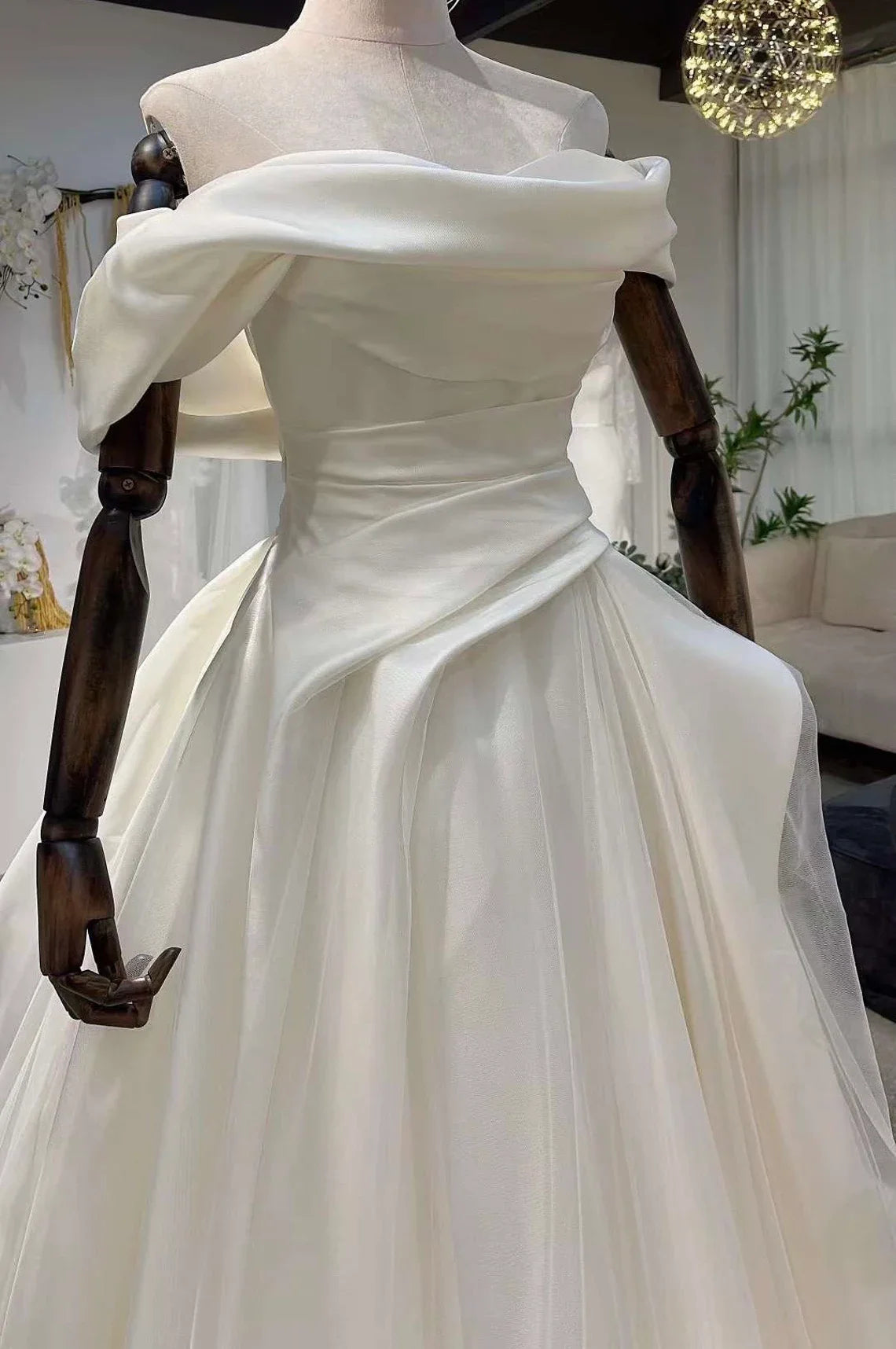 Off-the-shoulder satin corset wedding dress unique minimalist A-line bridal dress custom simple & classic Ivory ball gown