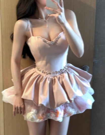 Sweet Homecoming Dress Spaghetti Straps Pleated Floral Short Prom Dress Back to School Outfits Birthday Party Dress HZ0319