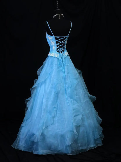 Beauty A Line Prom Dress Light Blue Spaghetti Straps Ruffle Formal Gown Evening Dress 18th Outfits HZ0319