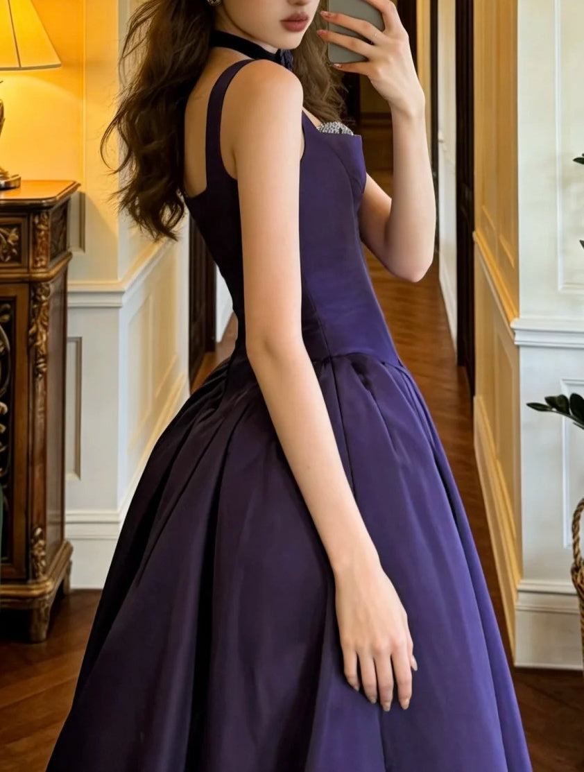 Elegant Prom Dress Dark Purple Straps Pleated Formal Gala Gown Evening Dress Graduation Outfits HZ0319