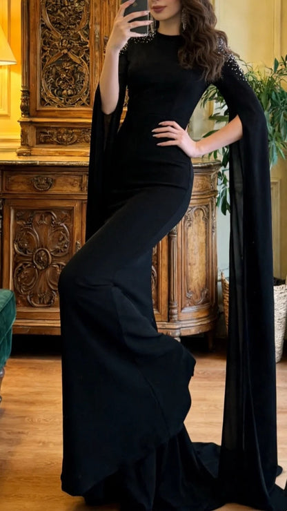Elegant Prom Dress Black Crew Neck Mermaid Gala Gown Evening Dress Formal Outfits HZ0319