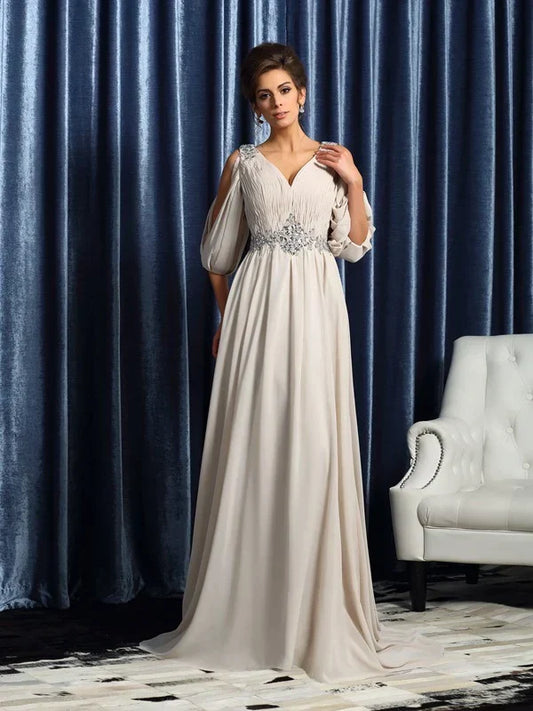 A-Line Princess V-neck Beading Sleeves Long Chiffon Mother of the Bride Dresses