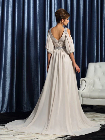 A-Line Princess V-neck Beading Sleeves Long Chiffon Mother of the Bride Dresses