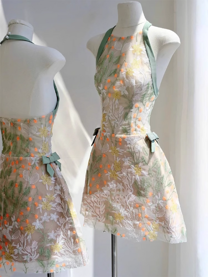 Vintage Fashion Floral Halter Dress Design A-line Party Dresses Homecoming Dresses, HZ1024