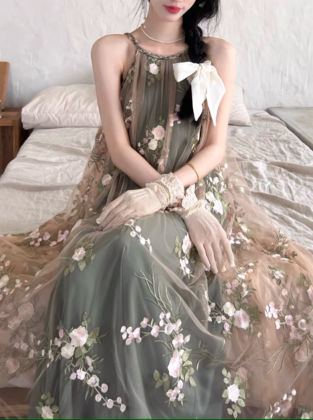 Simple Floral Embroidery Slimming Mesh Dress HZ1024