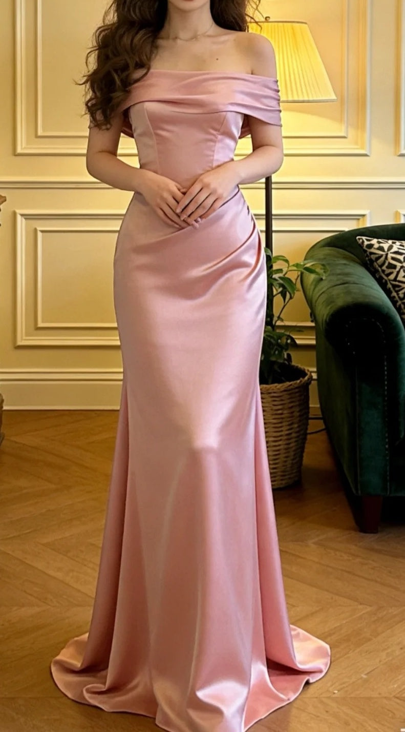 Beauty Prom Dress Pink Satin Off Shoulder Mermaid Formal Gala Gown Evening Dress Graduation Outfits HZ0319