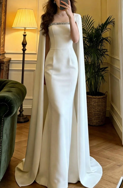 Elegant Prom Dress White Square Neck Mermaid Formal Gala Gown Evening Dress Graduation Outfits HZ0319