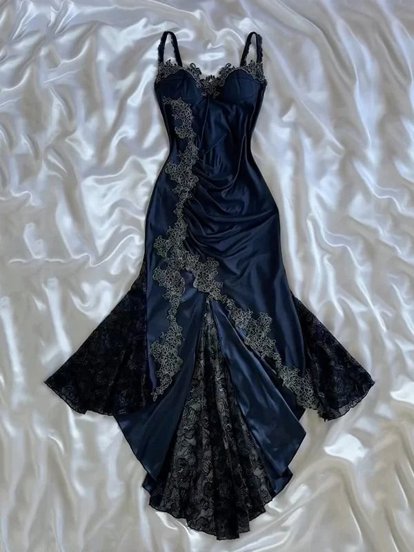 Sexy Bodycon Mermaid Straps Long Navy Blue Lace Prom Dress Party Dresses