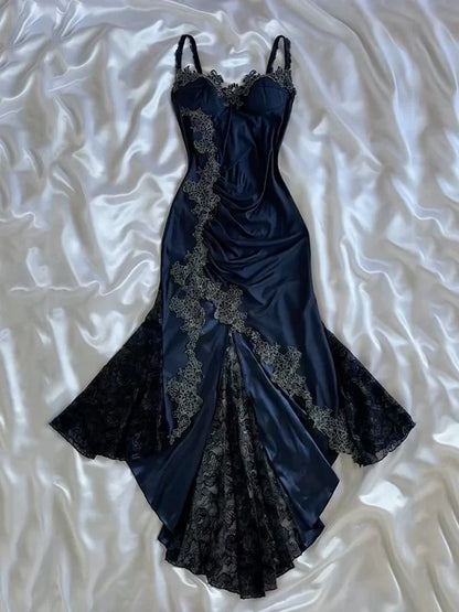Sexy Bodycon Mermaid Straps Long Navy Blue Lace Prom Dress Party Dresses