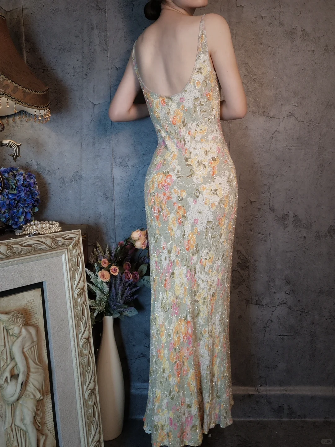Vintage Floral Spaghetti Strap Sparkling Beaded Design Romantic Chiffon Evening Dress Prom Dress HZ1024