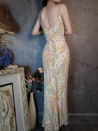 Vintage Floral Spaghetti Strap Sparkling Beaded Design Romantic Chiffon Evening Dress Prom Dress HZ1024